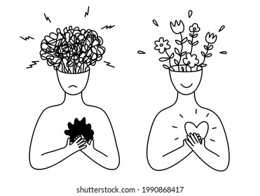 Sad  depressed   happy people  The concept choosing positive negative thinking  Love emptiness in the heart  Black   white illustration  Doodle style  Isolated white background 