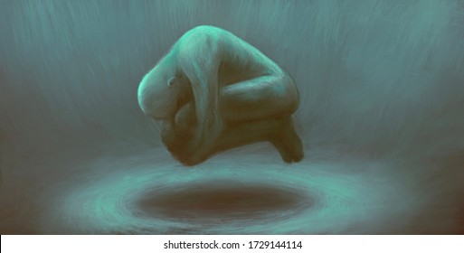 Sad depression lonely and sorrow concept surreal painting, digital artwork, illustration, man floating alone in blue space, solitude, loneliness emotional