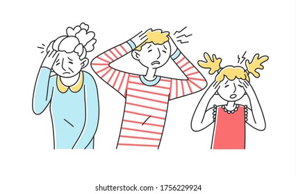 Sad desperate people suffering from migraine. Tired men and woman feeling pain, holding head. illustration for depression, stress, health problem, headache concept - Powered by Shutterstock