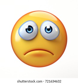 Sad Emoji Isolated On White Background, Depressed Emoticon 3d Rendering