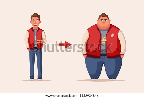 悲しい太った男 肥満の人 太った 漫画のイラスト 重量のコンセプト おかしな漫画のキャラクター 前後 のイラスト素材