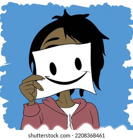 Sad Girl Holding Up Paper With Smile Drawn On It In Front Of Her Face. Anti-bullying Illustration