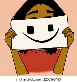 Sad Girl Holding Up Paper With Smile Drawn On It In Front Of Her Face. Anti-bullying Illustration