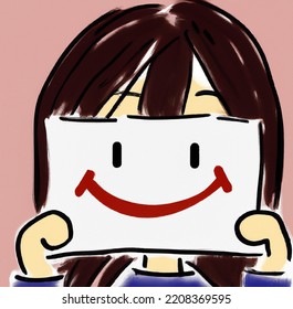 Sad Girl Holding Up Paper With Smile Drawn On It In Front Of Her Face. Anti-bullying Illustration