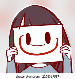 Sad Girl Holding Up Paper With Smile Drawn On It In Front Of Her Face. Anti-bullying Illustration