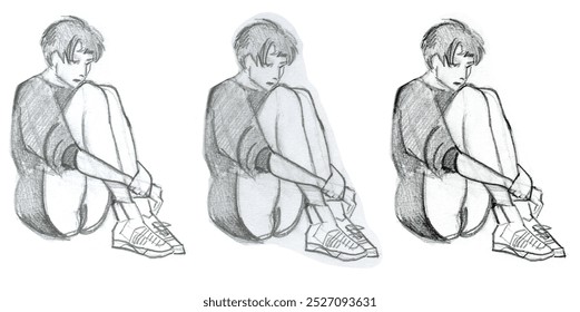 Sad girl pencil drawing mental health illustration depressed woman sitting legs tucked hugging herself Moral support concept psychological help difficult life situations clip art cartoon character - Powered by Shutterstock