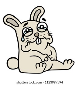 Sad gray rabbit is cries  Poor cartoon animal character 