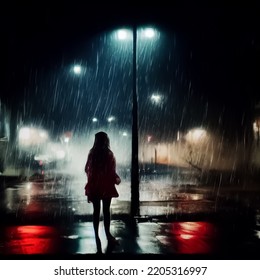 A Sad, Lonely Girl Walking In The Rain, 3D Illustration.