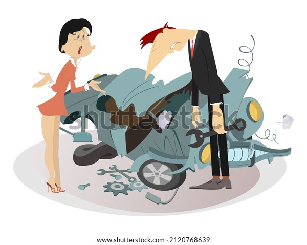 Sad man, angry woman and broken car illustration.\
\
Upset woman asks the man to do something with the broken car\
isolated on white\
