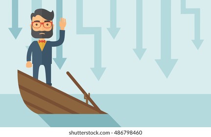 A Sad Man With Beard Wearing Eyeglasses Standing On A Sinking Boat With Those Arrows On His Back Pointing Down Symbolize That His Business Is Loosing. He Needs Help. A Contemporary Style With Pastel