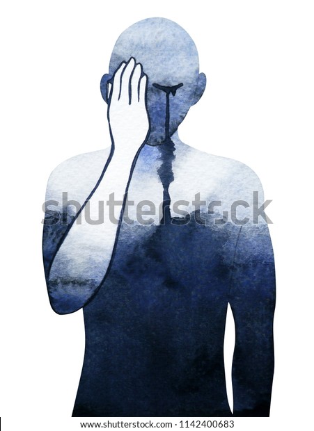 泣く水彩画のイラストデザイン手描きの男の感情を感じる悲しい男 のイラスト素材