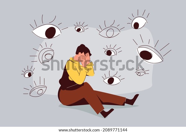 Sad\
man surrounded by giant eyes feeling overwhelmed and helpless.\
Depressed boy suffers from phobias and fears. The psychological\
concept of mental disorder and paranoia,\
illustration