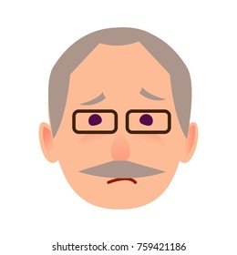 Sad Old Man Face Icon. Grey-haired, Mustached Grandpa In Glasses With Unhappy Facial Expression Flat  Isolated On White. Pensioner Cartoon Emotive Portrait For User Avatar Illustration