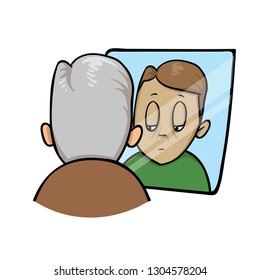 Sad old man looking at younger himself in the mirror. Colorful flat illustration. Isolated on white background. Raster version.