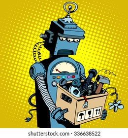 Sad Retro Robot Leaves Work Pop Art Retro Style. New Technology Outdated Technology