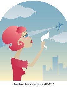 Sad Retro Style Girl Waves Goodbye With Her Hanky, As An Airplane Takes Off Into The Sky