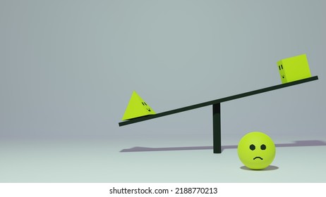 Sad Shape In Unbalanced Seesaw 3D Rendered And Illustration Background. Creative Background