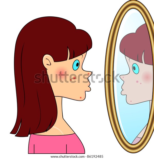 Sad Teenager Girl Looking Mirror Seeing Stock Illustration 86192485