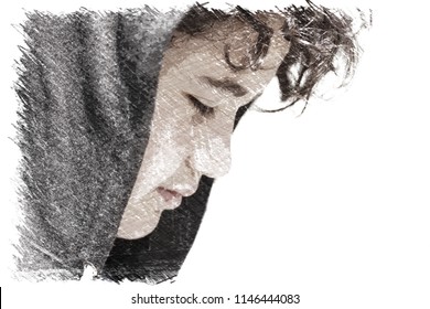 Sad Troubled Hispanic Or Asian School Boy Teenager Wearing A Hoodie Posing Outdoor - Drawing Impression