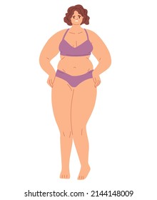 Sad Unhappy Woman With Fat Body. Plus-size Female In Underwear With Obesity. Shy Person With Low Self-esteem, Dissatisfied With Overweight. Flat  Illustration Isolated On White Background