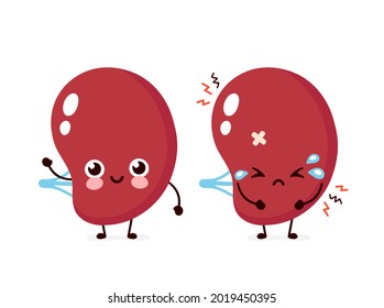 Sad Unhealthy Sick And Happy Smiling Healthy Strong Human Spleen Organ. Modern Style Cartoon Character Illustration Icon. Isolated On White Background. Spleen Pain Concept