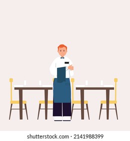 Sad Waiter In An Empty Restaurant. Tables And Chairs. Character Illustration