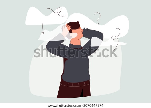 A sad young man has clouded mind on blue\
background. A depressed teenager boy suffers from temporary memory\
loss and confusion illustration. Young depressed male character.\
Sad thoughts Cloud