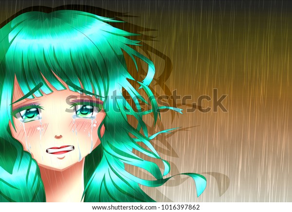 Sadness Anime Girl Under Rain Stock Illustration