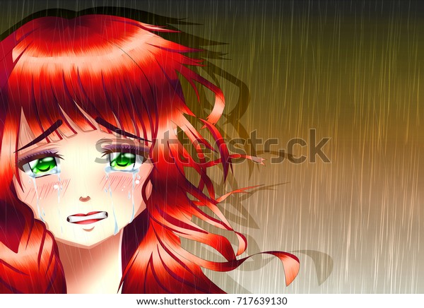 anime girl with brown hair and green eyes crying