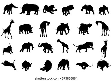 A Safari African Animal Silhouette Set Including Elephants, Giraffes, Rhinos And Lions