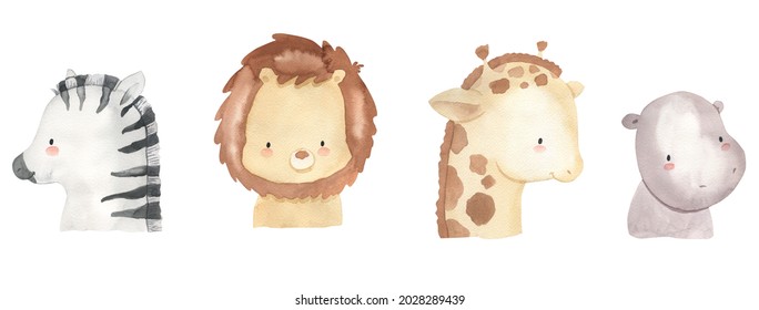 Safari animal face. Watercolor cute zebra, lion, giraffe, hippo.For nursery poster, baby shower and more