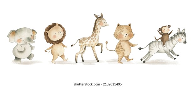 Safari Animals Baby Watercolor Illustration With Elephant, Lion, Giraffe, Tiger, Zebra And Monkey