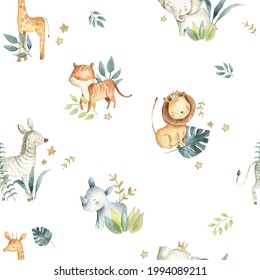 Safari Animals Watercolor Cute Baby Nursery Illustration Seamless Pattern