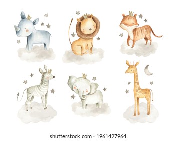 Safari animals watercolor illustration with baby elephant, lion, tiger, zebra, rhinoceros and giraffe in the clouds with stars