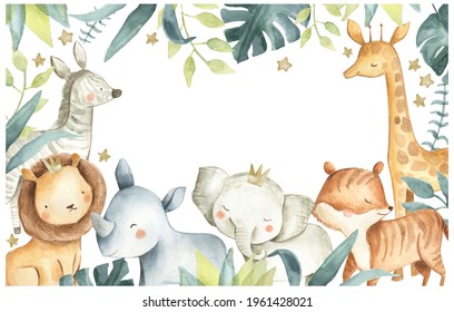 Акварельная иллюстрация сафари с изображением слоненка, льва, зебры, жирафа, носорога и тропической листвы джунглей для детской 