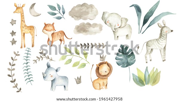Safari animals watercolor illustration with baby\
elephant, lion, zebra, giraffe, rhinoceros and tropical jungle\
foliage for nursery\
