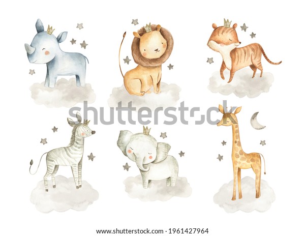Safari animals watercolor illustration with baby\
elephant, lion, tiger, zebra, rhinoceros and giraffe in the clouds\
with stars