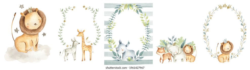 Safari animals watercolor illustration,  invitation frame template with baby elephant, lion, tiger, zebra, rhinoceros and giraffe 