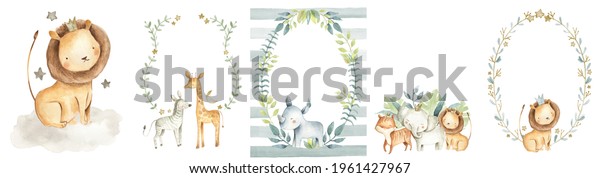 Safari animals watercolor illustration,  invitation\
frame template with baby elephant, lion, tiger, zebra, rhinoceros\
and giraffe 