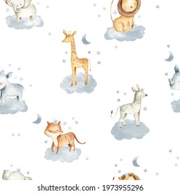 Safari Animals Watercolor Illustrations For Baby In The Sky With Clouds And Stars Seamless  Pattern 