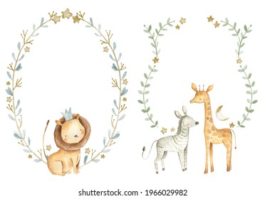 Safari Animals Watercolor Templates Illustration For Nursery And Baby Shower With Lion, Giraffe And Zebra 