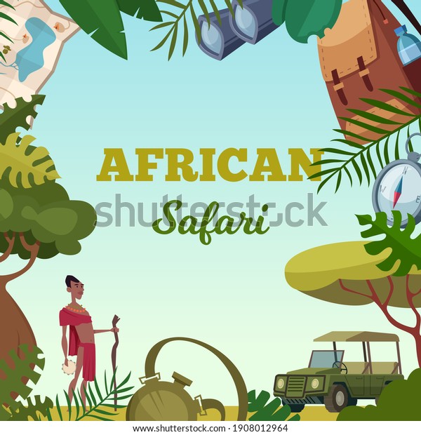 Safari frame. African tour travel concept for\
adventure brochure background jungle wild animals cars and various\
items