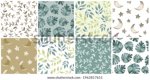 Safari Jungle\
watercolor illustration pattern of scattered foliage in green and\
brown for baby nursery\
