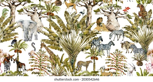 Safari Wildlife Seamless Pattern. Wild Animal In Exotic African Plants Watercolor Illustration. Vintage Jungle Wallpaper With Palm Trees, Leopard, Elephant, Giraffe, Tiger, Lion, Zebra. Botanical Art.