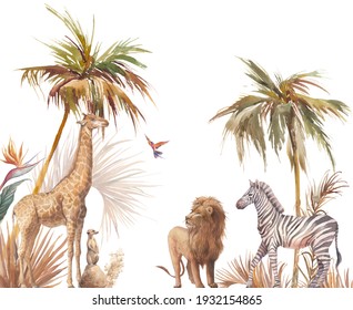 Safari wildlife wallpaper. Illustration with zebra, lion and giraffe. Watercolor animal and jungle flora on white background. 