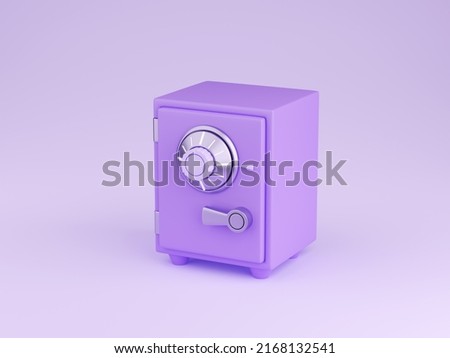 Safe box 3d render - illustration of closed cartoon purple strongbox with combination lock on pastel background. Concept of secure storage of savings. Vault for protection of bank deposits and wealth.