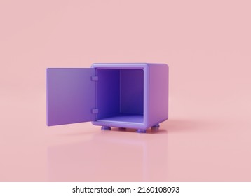 Safe Box With Empty Space Inside Isolated On Pink Pastel Background. Concept About Money Saving. Poor, Money, Financial Security. 3d Icon Rendering Illustration, Cartoon Minimal Style