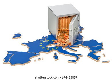 Safe Box With Golden Coins On The Map Of European Union, 3D Rendering