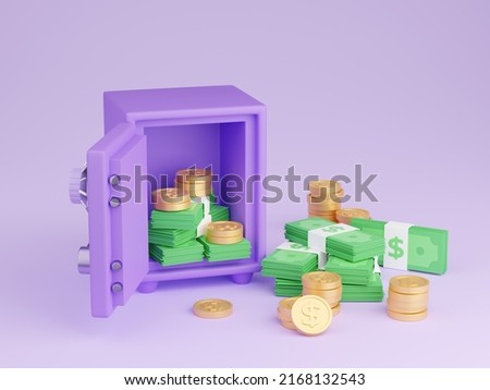 Safe box with money 3d render - illustration of open purple strongbox filled and surrounded by pile of gold coins and paper cash. Secure storage of savings. Protection of bank deposits and wealth.