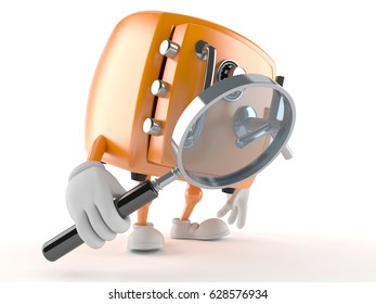 Safe character looking through a magnifying glass isolated on white background. 3d illustration